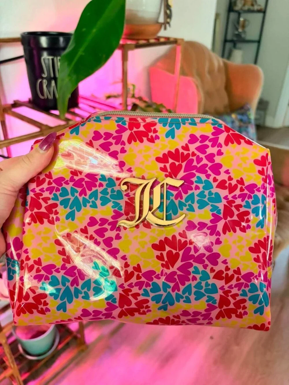 Juicy Couture Colorful Heart Print Cosmetic Makeup Bag